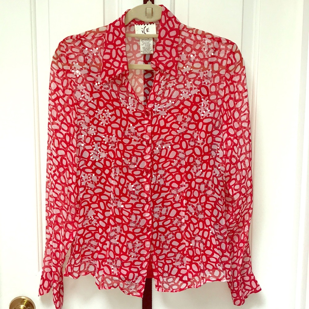 Eileen Fisher Red Patterned Sheer Button-Up Top